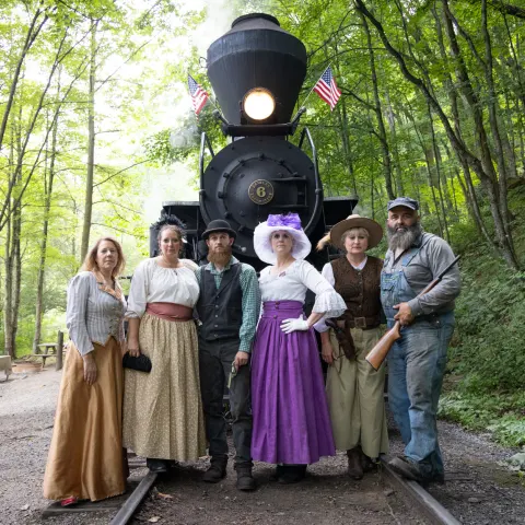 a group of people in a forest