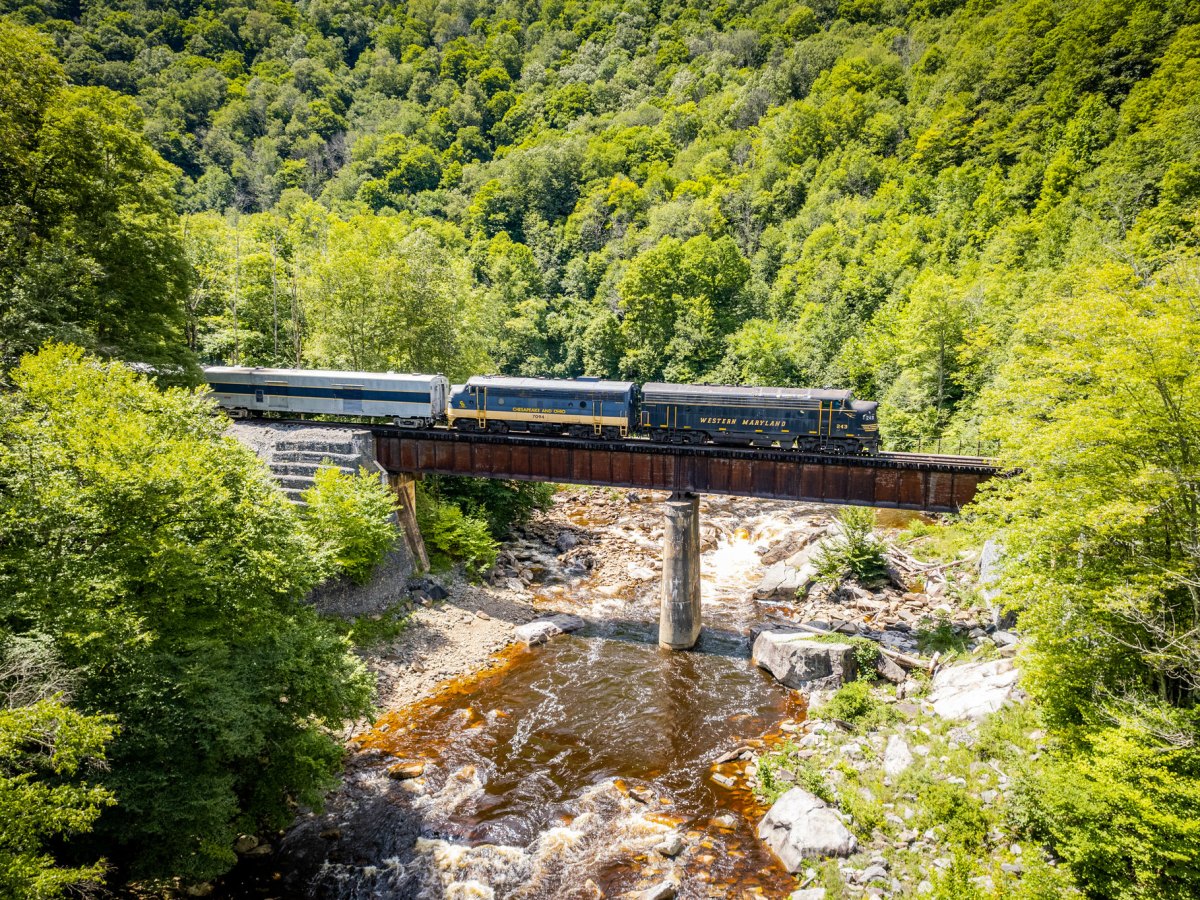 a train that is sitting on a bench next to a forest