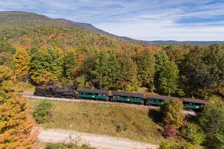 a train traveling through a lush green hillside