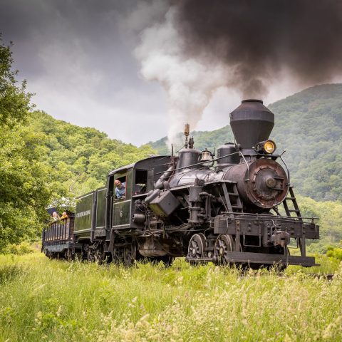 a steam engine train traveling down train tracks near a field