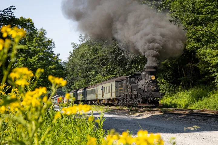 a train on a track with smoke coming out of it