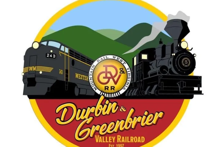 Logo with trains, mountains, and text: Durbin & Greenbrier Valley Railroad. Est. 1997.