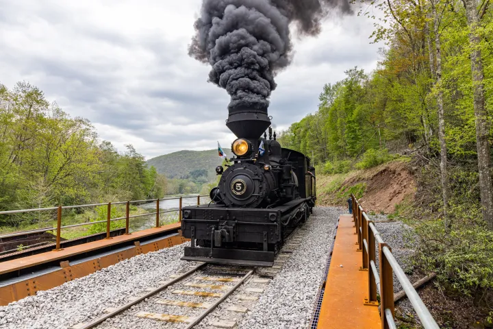 a steam engine train traveling down train tracks near a forest