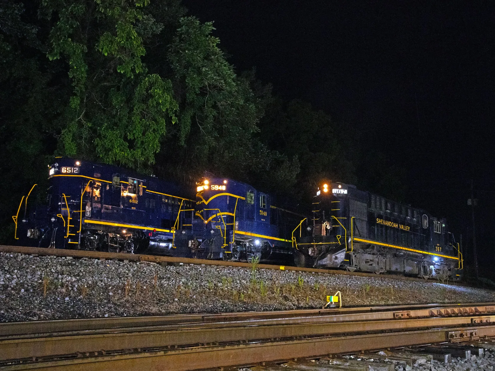 Three blue and yellow trains on tracks at night with trees in the background.