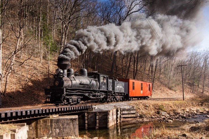 Steam engine pulls a bright orange boxcar through a forest, smoke billowing into the sky.