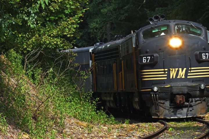 Black diesel locomotive emerging from a forested area on a curved track.