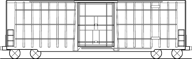 Line drawing of a boxcar freight rail car with a large central sliding door.