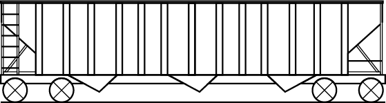Line drawing of an open-top hopper freight rail car with four wheels and three triangular unloading hoppers.