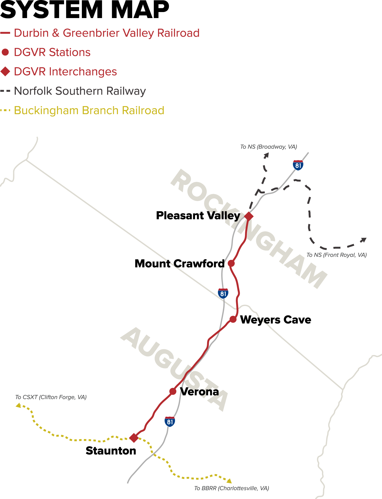 Rail map showing the Durbin & Greenbrier Valley Railroad (Shenandoah Valley) in Rockingham and Augusta, with stations and interchanges.