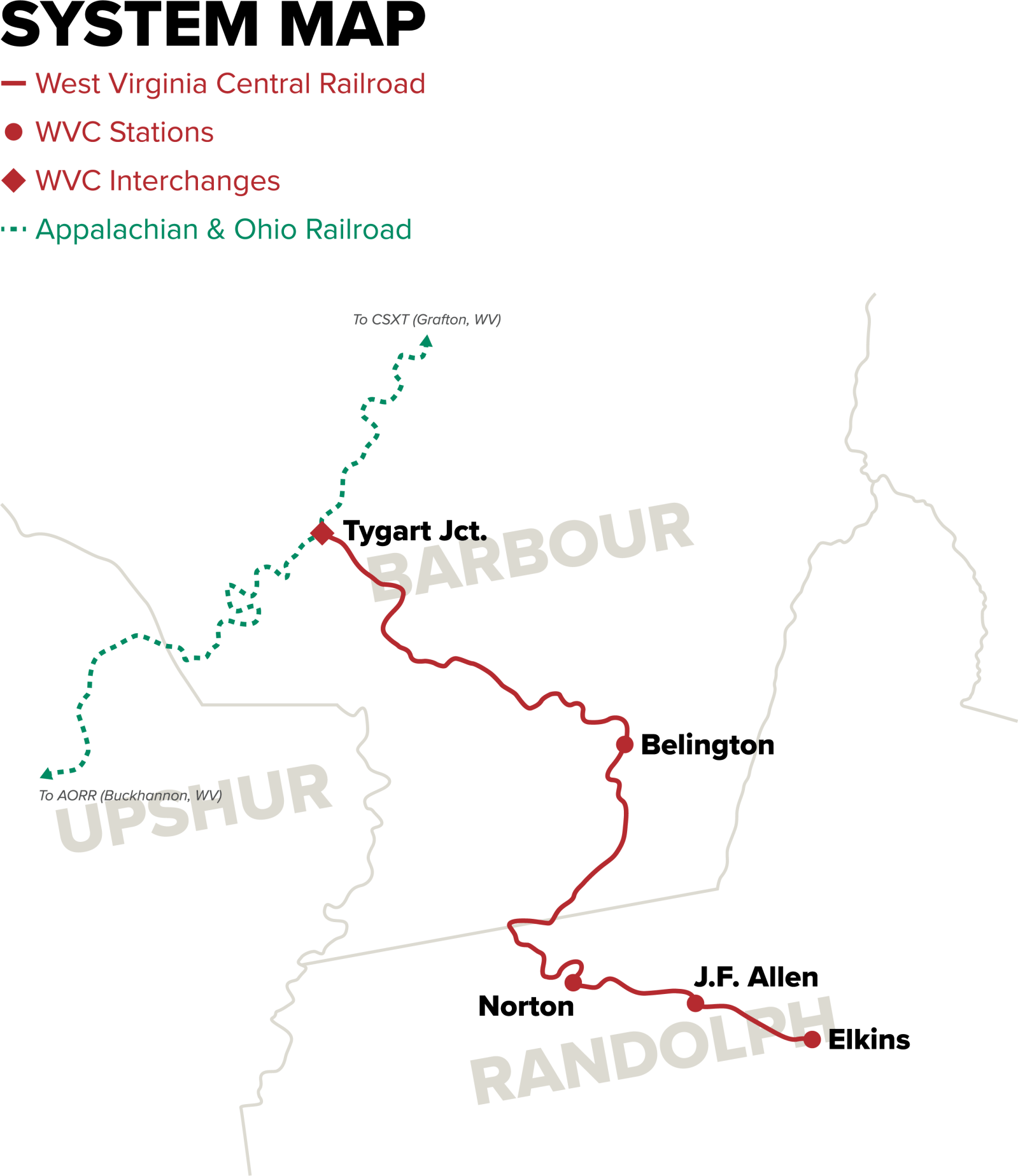 Map showing the West Virginia Central Railroad with stations and interchanges in Barbour and Randolph Counties