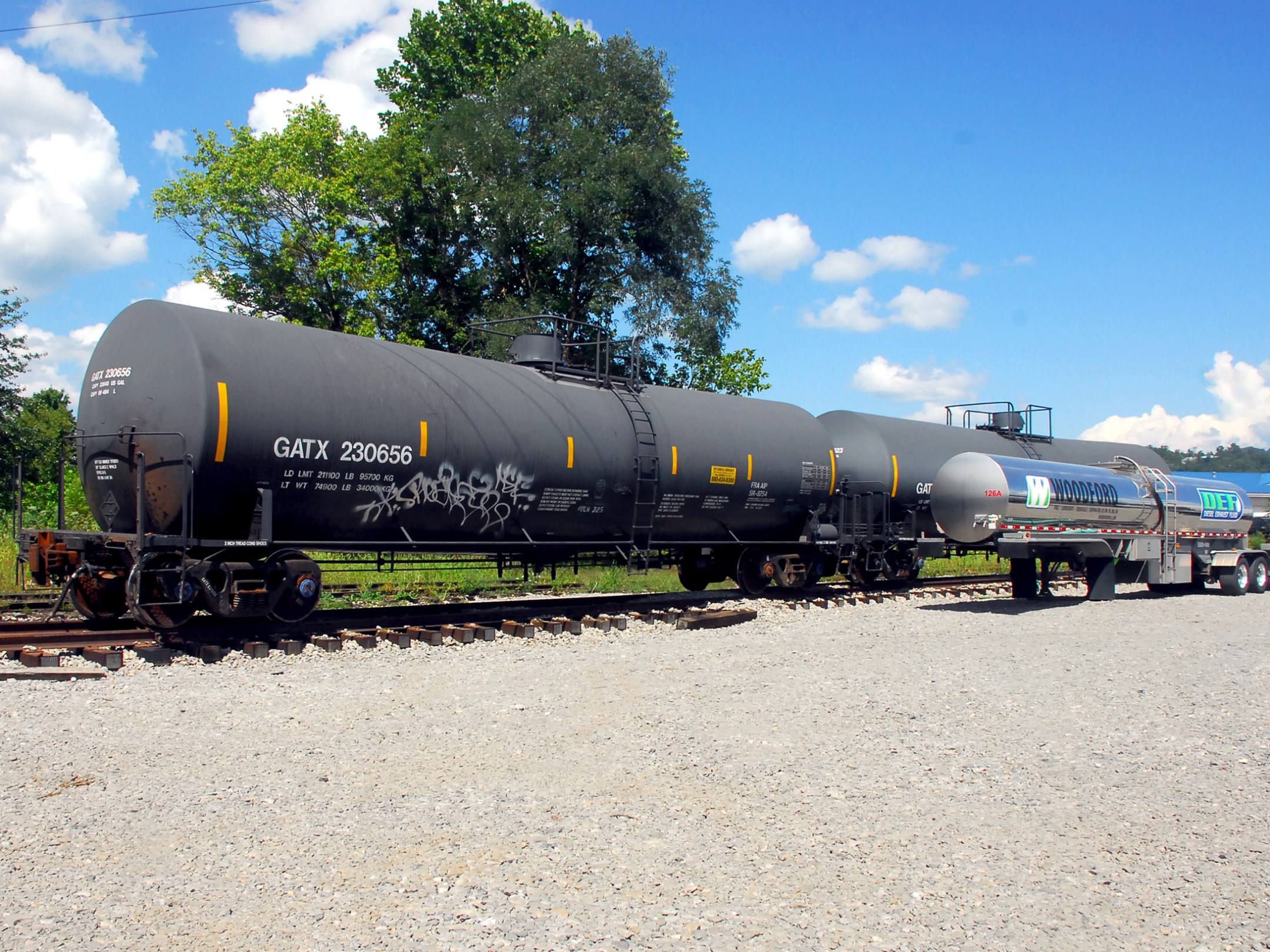 Black rail tanker and a silver fuel truck parked on a gravel area under blue sky.