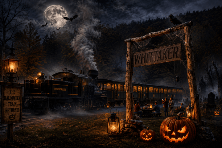 Steam train at night with pumpkin, bats, and lanterns near a 'Whittaker' sign under a full moon.