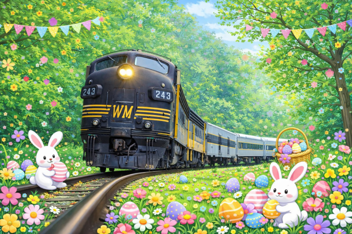 Train on tracks in a colorful spring landscape with bunnies and Easter eggs in the foreground.