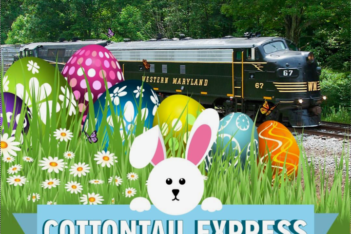 Train behind colorful Easter eggs and a 'Cottontail Express' banner with a bunny.