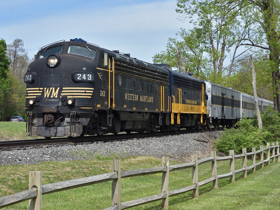 Black and yellow train on tracks with trees in background and wooden fence in foreground.